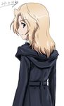  artist_name blonde_hair blue_coat blue_eyes bukkuri casual closed_mouth dated eyebrows_visible_through_hair from_behind girls_und_panzer hair_intakes hood hooded_coat kay_(girls_und_panzer) long_hair long_sleeves looking_at_viewer looking_back signature simple_background smile solo standing upper_body white_background 