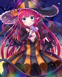  bat_wings candy choker commentary_request detached_sleeves elizabeth_bathory_(fate) elizabeth_bathory_(fate)_(all) elizabeth_bathory_(halloween)_(fate) fate/grand_order fate_(series) food hat highres holding horns lollipop long_hair looking_at_viewer minami_saki pointy_ears red_hair silver_eyes smile solo tail wings witch_hat 