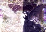  54hao absurdly_long_hair absurdres angel angel_wings bad_id bad_pixiv_id bangs black_dress black_wings blonde_hair blunt_bangs church closed_eyes commentary_request demon_girl demon_wings dress eyebrows_visible_through_hair face-to-face feathered_wings flower frills gothic_lolita hair_flower hair_ornament hairband hands_together highres indoors ivy lolita_fashion lolita_hairband long_hair long_sleeves multiple_girls original pillar profile stained_glass statue symmetry very_long_hair white_dress white_wings wings 