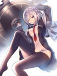  between_breasts black_legwear breasts fate/grand_order fate_(series) glasses hair_over_one_eye long_sleeves looking_at_viewer mash_kyrielight medium_breasts navel necktie necktie_between_breasts panties pantyhose purple_eyes red_neckwear short_hair silver_hair smile solo touwa_nikuman underwear white_background white_panties 