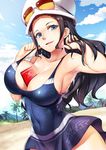  2017 absurdres armpits arms_up beach between_breasts black_hair blue_eyes breasts cellphone cleavage cloud cloudy_sky collarbone commentary_request covered_navel cowboy_shot dated day dress eyewear_on_headwear graphite_(medium) hand_in_hair hat highres large_breasts long_hair looking_at_viewer nico_robin one_piece outdoors palms parted_lips phone signature sky smartphone solo spaghetti_strap standing strap_pull swimsuit traditional_media x-boy 