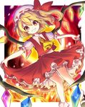 :d ascot blonde_hair commentary_request flandre_scarlet grin hat highres light_brown_hair long_hair looking_at_viewer mob_cap one_side_up ooki_ine open_mouth orange_eyes skirt skirt_lift smile solo touhou wings 