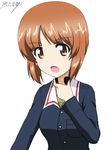  artist_name bangs blue_jacket brown_eyes brown_hair bukkuri dated eyebrows_visible_through_hair girls_und_panzer green_shirt jacket long_sleeves looking_at_viewer military military_uniform nishizumi_miho ooarai_military_uniform open_mouth shirt short_hair signature simple_background sketch solo standing throat_microphone uniform upper_body white_background 