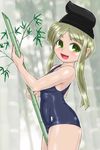  alternate_costume bamboo between_legs blurry commentary_request depth_of_field green_eyes green_hair looking_at_viewer one-piece_swimsuit open_mouth school_swimsuit smile solo standing swimsuit teireida_mai touhou winn 
