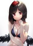  bare_shoulders bikini_top black_hair black_wings breasts cleavage hand_on_own_chin highres looking_at_viewer md5_mismatch medium_breasts red_eyes shameimaru_aya short_hair simple_background smile solo touhou wings yusake_san 