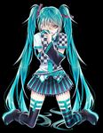  1girl ankle_boots asymmetrical_legwear asymmetrical_sleeves black_background black_footwear black_legwear black_skirt boots checkered checkered_shirt checkered_sleeves detached_sleeves full_body green_eyes green_hair green_nails green_neckwear hair_between_eyes hair_ornament hatsune_miku highres kneeling long_hair looking_at_viewer miniskirt nail_polish pleated_skirt shirt short_sleeves simple_background skirt solo striped striped_legwear striped_skirt thighhighs twintails very_long_hair vocaloid zettai_ryouiki 