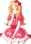  absurdres blonde_hair blush bow dress drill_hair eromanga_sensei frilled_dress frills hairband highres layered_dress layered_sleeves long_hair looking_at_viewer mary_janes nase pantyhose pink_dress pointy_ears red_bow red_eyes red_footwear shoes simple_background sitting smile solo twin_drills wariza white_background white_bow white_legwear yamada_elf 
