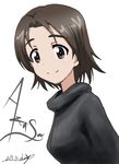  artist_name bangs black_shirt brown_eyes brown_hair bukkuri casual character_name closed_mouth dated from_side girls_und_panzer looking_at_viewer parted_bangs sawa_azusa shirt short_hair signature simple_background smile solo upper_body white_background 