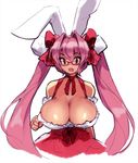  animal_ears bow breasts bunny_ears choker cleavage detached_sleeves di_gi_charat dice_hair_ornament dress eu03 fang glasses hair_bow hair_ornament highres huge_breasts impossible_clothes impossible_dress long_hair pink_hair red-framed_eyewear red_bow red_eyes ribbon_choker solo strapless strapless_dress usada_hikaru white_background 