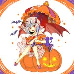  :d bat bat_wings bow brooch commentary_request demon_tail dress eyebrows_visible_through_hair fang frills halloween halloween_costume heart heart_tail holding holding_umbrella horns jack-o'-lantern jewelry mangetsu_(yayoi) necklace open_mouth parasol patches puffy_short_sleeves puffy_sleeves pumpkin purple_ribbon red_eyes red_wings remilia_scarlet ribbon short_hair short_sleeves simple_background sitting smile solo strapless strapless_dress tail touhou umbrella v-shaped_eyebrows wings 
