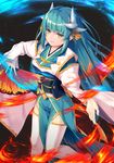  eyebrows_visible_through_hair fan fate/grand_order fate_(series) fire floating_hair green_eyes green_hair hair_between_eyes hair_ornament highres holding holding_fan horns kiyohime_(fate/grand_order) long_hair omochi_(youmu46) parted_lips smile solo thighhighs very_long_hair white_legwear 
