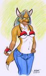  2017 anthro bra canine clothing dipstick_tail eyewear female fox glasses green_eyes hair hand_on_hip holding_object inner_ear_fluff jeans kittfur looking_at_viewer mammal multicolored_hair multicolored_tail navel nintendo pants pok&eacute;ball pok&eacute;mon portrait rabbi-tom simple_background smile smirk solo three-quarter_portrait tongue tongue_out underwear video_games 