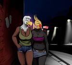  anthro avian bald_eagle beak big_breasts bird breasts cleavage clothed clothing duo eagle eyebrow_piercing eyes_closed facial_piercing female hladilnik midriff night parrot piercing 