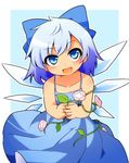  blue_bow blue_dress blue_eyes blue_hair bow cirno dress fang_out flower hair_bow hidden_star_in_four_seasons ice ice_wings looking_at_viewer morning_glory open_mouth peku_(science_santa-san) simple_background smile solo tan tanned_cirno touhou wings 