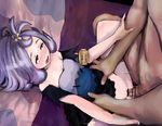  1boy 1girl acerola_(pokemon) armlet blush bottomless breasts censored cleavage clothed_sex dress elite_four flipped_hair hetero missionary no_panties pale_skin pokemon pokemon_(game) pokemon_sm purple_hair pussy sex short_hair small_breasts torso_grab trial_captain vaginal 