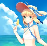  ahoge artoria_pendragon_(all) artoria_pendragon_(swimsuit_archer) blonde_hair blue_ribbon blue_sky breasts cleavage cloud day eyebrows_visible_through_hair fate/grand_order fate_(series) food green_eyes hair_ribbon halterneck hat hat_ribbon highres holding ice_cream looking_at_viewer ocean outdoors ribbon sidelocks sky small_breasts smile solo standing straw_hat sun_hat upper_body white_bikini_top yaho_(yaho0211) 