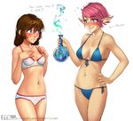  absurdres aqua_eyes bikini blue_bikini blue_eyes breast_conscious breasts brooke_(mathias_leth) brown_hair commentary drunk elf english eyebrows_visible_through_hair freckles front-tie_bikini front-tie_top hand_on_hip highres long_hair mathias_leth medium_breasts multiple_girls navel_piercing original piercing pink_hair pointy_ears potion saehlin short_hair side-tie_bikini small_breasts standing strap_gap swimsuit very_short_hair white_background 