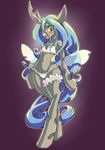  2016 anthro anthrofied blush bra changeling clothing conbudou digital_media_(artwork) embarrassed female friendship_is_magic full-length_portrait garter green_eyes hi_res horn insect_wings looking_at_viewer my_little_pony navel open_mouth open_smile panties portrait queen_chrysalis_(mlp) semi-anthro simple_background smile solo underwear walking wings 