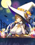  black_hair blush breast_rest breasts candle candy cleavage eyebrows_visible_through_hair food girls_frontline gloves halloween hat large_breasts lollipop long_hair looking_at_viewer parted_lips qbz-95_(girls_frontline) solo tp_(kido_94) white_gloves white_hat witch_hat yellow_eyes 