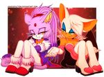  2017 anthro bat blaze_the_cat breasts cat cleavage clothed clothing eyeshadow feline female fur green_eyes makeup mammal purple_fur rouge_the_bat shadisfaction sitting sonic_(series) white_fur yellow_eyes 