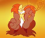  2016 3_toes ambiguous_gender anthro bedroom_eyes biped canine cheek_tuft claws delphox digital_drawing_(artwork) digital_media_(artwork) feet foot_fetish foot_focus fur half-closed_eyes humanoid_feet inner_ear_fluff looking_at_viewer mammal multicolored_fur musk nintendo orange_background orange_fur pink_claws pok&eacute;mon pok&eacute;mon_(species) reclining red_eyes red_fur red_nose seductive shoulder_tuft simple_background sitting smelly smelly_feet smile soles stick sweat toe_claws toes tuft video_games white_fur yellow_fur yowesephth 