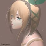  blonde_hair blue_eyes brown_background edna_(tales) expressionless eyelashes hair_ribbon hairband lips ribbon short_hair side_ponytail simple_background solo tales_of_(series) tales_of_zestiria tress_ribbon twitter_username upper_body yukisaki_mayui 