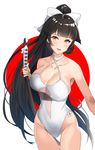  :d azur_lane bangs black_hair blunt_bangs blush bow breasts cleavage collarbone commentary_request cowboy_shot hair_bow hair_flaps highres holding holding_sword holding_weapon japanese_flag katana large_breasts light_smile long_hair looking_at_viewer mitsukichi one-piece_swimsuit open_mouth see-through sheath sheathed sidelocks smile solo swimsuit sword takao_(azur_lane) thigh_gap very_long_hair weapon white_bow white_swimsuit 