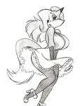  anthro auntie_vixen big_breasts black_and_white blush breasts canine chochi clothing dress eyelashes female footwear fox fur hair hair_over_eye high_heels mammal monochrome shoes solo wide_hips 