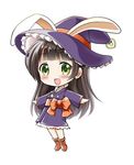  :d animal_ears bangs blunt_bangs blush boots brown_footwear brown_hair bunny_ears chibi commentary eyebrows_visible_through_hair frilled_hat frilled_kimono frills full_body gochuumon_wa_usagi_desu_ka? green_eyes halloween_costume hat hat_ribbon heart japanese_clothes kimono long_hair long_sleeves looking_at_viewer narurun_(final123) obi open_mouth orange_ribbon outstretched_arms purple_hat purple_kimono ribbon sash short_kimono simple_background smile solo standing ujimatsu_chiya white_background wide_sleeves witch_hat 