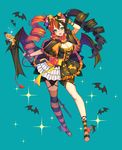  black_hair black_legwear blush breasts cleavage destiny_child eyebrows_visible_through_hair full_body green_eyes halloween large_breasts long_hair looking_at_viewer medb_(destiny_child) multicolored_hair open_mouth orange_hair orange_legwear smile solo striped striped_legwear thighhighs tp_(kido_94) twintails 