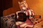  1girl animal_ears blonde_hair brown_skirt cat_ears cat_tail green_eyes guitar jingle_bell long_hair maple_(sayori) ms_insanity nekopara photo_background plaid_skirt russian short_sleeves 