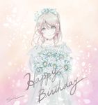  artist_name ayase_eli bare_shoulders blonde_hair blue_eyes blurry bokeh bouquet commentary cursive depth_of_field dress english eyebrows_visible_through_hair flower frilled_dress frills hair_flower hair_ornament happy_birthday holding holding_bouquet light_smile lily_(flower) love_live! love_live!_school_idol_project multicolored multicolored_background off-shoulder_dress off_shoulder shino_(shinderera) signature solo white_dress 