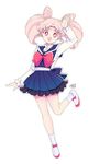  :d bare_legs bishoujo_senshi_sailor_moon blouse blue_sailor_collar blue_skirt bow chibi_usa double_bun frilled_skirt frills full_body leg_up looking_at_viewer open_mouth pink_hair pleated_skirt red_bow red_eyes sailor_collar saki_(hxaxcxk) shoes short_hair skirt smile socks solo standing standing_on_one_leg twintails white_background white_blouse white_footwear white_legwear 