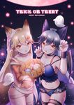  :3 animal_ears bandages bat_hair_ornament bat_wings blonde_hair blush breasts candy choker cleavage collarbone commentary_request emia_wang extra_ears ezo_red_fox_(kemono_friends) food food_themed_hair_ornament fox_ears fox_tail ghost hair_between_eyes hair_ornament hairclip halloween halloween_costume happy_halloween highres jack-o'-lantern kemono_friends lace_trim large_breasts leg_garter lollipop long_hair looking_at_viewer midriff multicolored_hair multiple_girls navel open_mouth orange_eyes paw_pose pumpkin_hair_ornament silver_fox_(kemono_friends) silver_hair single_wrist_cuff sleeves_past_wrists tail trick_or_treat very_long_hair wings 