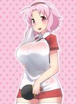  :d ahoge blush breasts commentary cowboy_shot ekz_(drawfag) gym_shorts hairband highres large_breasts oomune_mune open_mouth paddle pink_background pink_eyes pink_hair polka_dot polka_dot_background polo_shirt see-through shakunetsu_no_takkyuu_musume shirt short_hair shorts smile solo sweat table_tennis_paddle thighhighs towel wet wet_clothes wet_shirt white_legwear wiping_face 