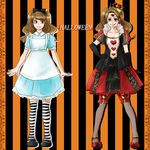  alice_(wonderland) alice_in_wonderland alternate_costume bad_id bad_pixiv_id bow brown_eyes brown_hair charlotte_pudding crown dual_persona gloves halloween halloween_costume hasumi_(fujimaru) heart highres long_hair multiple_girls one_piece queen_of_hearts thighhighs third_eye twintails 