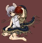  :&gt; alternate_sleeve_length animal animal_ears antennae arm_up armpit_peek bare_arms bare_legs barefoot blush_stickers brown_background bug centipede closed_mouth collared_shirt eyebrows_visible_through_hair eyelashes fingernails full_body grey_hair grey_skirt hair_between_eyes harukaze_unipo insect looking_at_viewer minigirl mouse_ears mouse_tail nazrin no_vest purple_eyes red_eyes shirt short_hair simple_background sitting skirt sleeveless sleeveless_shirt smile tail tareme toenails toes touhou wariza white_shirt 