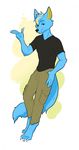  5_fingers anthro barefoot blue_fur canine cargo_pants claws clothed clothing cloud_windfoot_omega fully_clothed fur gold_fur green_eyes male mammal missn pants solo thumb_in_pocket wolf 