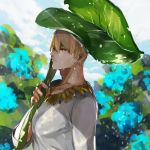  1boy blonde_hair casual cloud cloudy_sky fate/zero fate_(series) flower gilgamesh hydrangea jewelry leaf_umbrella male_focus necklace pvc_parfait rain red_eyes sky solo 