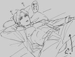  bed_sheet freedomgomikuzu grey_background greyscale heshikiri_hasebe looking_at_viewer lying male_focus monochrome navel nipples on_back open_clothes open_shirt parted_lips pectorals pillow shirt simple_background solo spread_legs toned toned_male touken_ranbu 