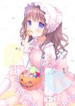  &gt;_&lt; :q arm_support bangs blue_eyes blush blush_stickers bonnet bow brown_hair candy commentary_request cookie cross-laced_clothes dress eating eyebrows_visible_through_hair food fork frilled_dress frilled_legwear frills ghost halloween halloween_basket hand_to_own_mouth hat highres jack-o'-lantern licking lollipop long_hair long_sleeves open_mouth original pastel_colors pink_background pink_bow pink_dress plaid plaid_bow plaid_dress puffy_short_sleeves puffy_sleeves short_over_long_sleeves short_sleeves simple_background sitting sleeves_past_wrists solo swirl_lollipop tareme thighhighs tongue tongue_out usashiro_mani white_background white_hat white_legwear 