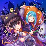  aqua_(konosuba) bandages bat black_hair blue_hair candy food halloween halloween_costume kono_subarashii_sekai_ni_shukufuku_wo! lollipop long_hair looking_at_viewer marker megumin multiple_girls pensuke pumpkin red_eyes skull smile 