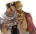  2boys blonde_hair blush brown_hair dark_skin dark_skinned_male earrings egyptian_clothes fate/grand_order fate/prototype fate/prototype:_fragments_of_blue_and_silver fate_(series) gilgamesh hand_on_another&#039;s_head jewelry male_focus multiple_boys necklace open_clothes open_shirt ozymandias_(fate) pvc_parfait red_eyes shawl yellow_eyes 