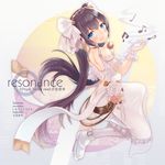  absurdres beamed_sixteenth_notes bemani black_hair blue_eyes blush eighth_note from_behind hamalu highres holding holding_microphone looking_at_viewer microphone musical_note original parted_lips quarter_note smile solo thighhighs white_legwear 