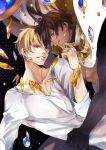  2boys blonde_hair brown_hair cape dark_skin dark_skinned_male earrings falling fate/grand_order fate/prototype fate/prototype:_fragments_of_blue_and_silver fate/zero fate_(series) gilgamesh jewelry male_focus multiple_boys necklace ozymandias_(fate) pvc_parfait red_eyes yellow_eyes 