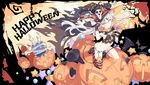  absurdres alternate_costume amatsukaze_(kantai_collection) animal artist_name black_cat candle candy cat fang food hair_between_eyes halloween halloween_costume happy_halloween hat highres jack-o'-lantern kantai_collection litsvn long_hair pumpkin rensouhou-kun silver_hair single_thighhigh smile striped striped_legwear thighhighs two_side_up witch_hat yellow_eyes 