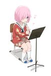  argyle argyle_cardigan blush cardigan chair child commentary eighth_note eyebrows_visible_through_hair fate/grand_order fate_(series) full_body hair_over_one_eye highres holding instrument jacket kneehighs long_sleeves mash_kyrielight music music_stand musical_note open_cardigan open_clothes open_jacket pink_eyes pink_hair plaid plaid_skirt playing_instrument rantyouka recorder red_jacket sailor_collar shoes short_hair simple_background sitting skirt solo uwabaki white_background white_footwear white_legwear younger 