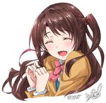  absurdres blazer blush bow bowtie brown_hair cardigan closed_eyes commentary dated half_updo highres idolmaster idolmaster_cinderella_girls jacket long_hair one_side_up open_mouth shimamura_uzuki signature simple_background sirurabbit smile white_background 