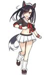  animal_ears atsushi_(aaa-bbb) azur_lane black_hair blush breasts cleavage eyebrows_visible_through_hair fang hair_between_eyes highres leg_up loafers long_hair looking_at_viewer loose_socks medium_breasts midriff multicolored_hair navel off_shoulder open_mouth pleated_skirt red_eyes red_ribbon ribbon school_uniform serafuku shigure_(azur_lane) shoes short_sleeves simple_background skirt smile socks solo sweatband tail two-tone_hair white_background white_skirt wolf_ears wolf_tail 
