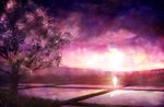  cherry_blossoms cloud commentary crystal dark_sky highres hill landscape no_humans purple_sky reflection rice_paddy scenery touhou tree water 